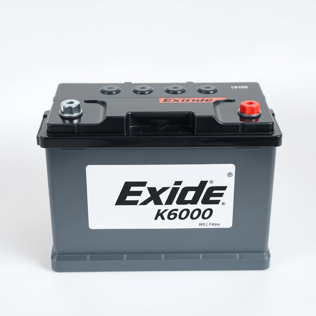 A photorealistic studio shot of a brand new Exide EK600 car battery on a clean white backg
