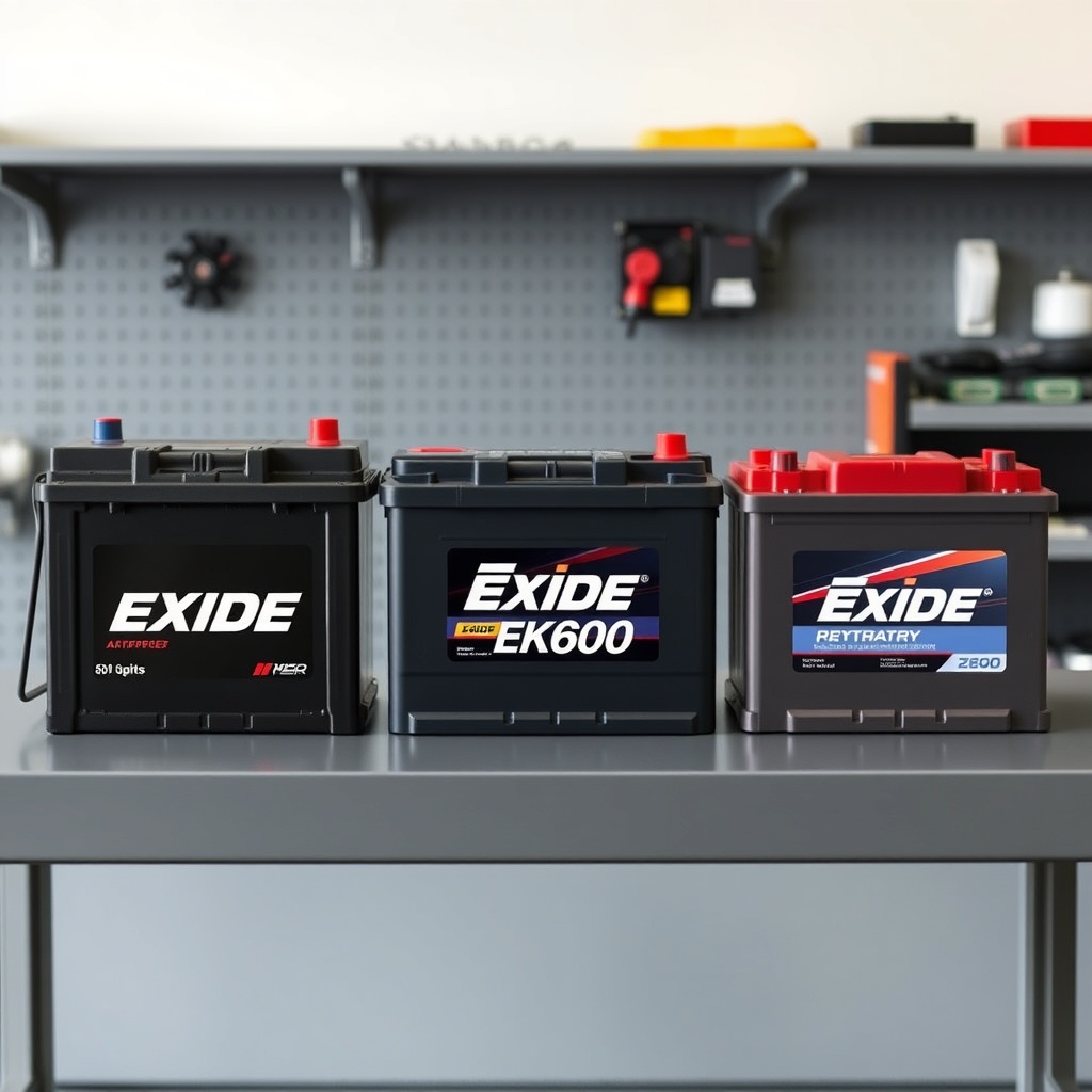 A photorealistic comparison photo showing three different car batteries side by side on a