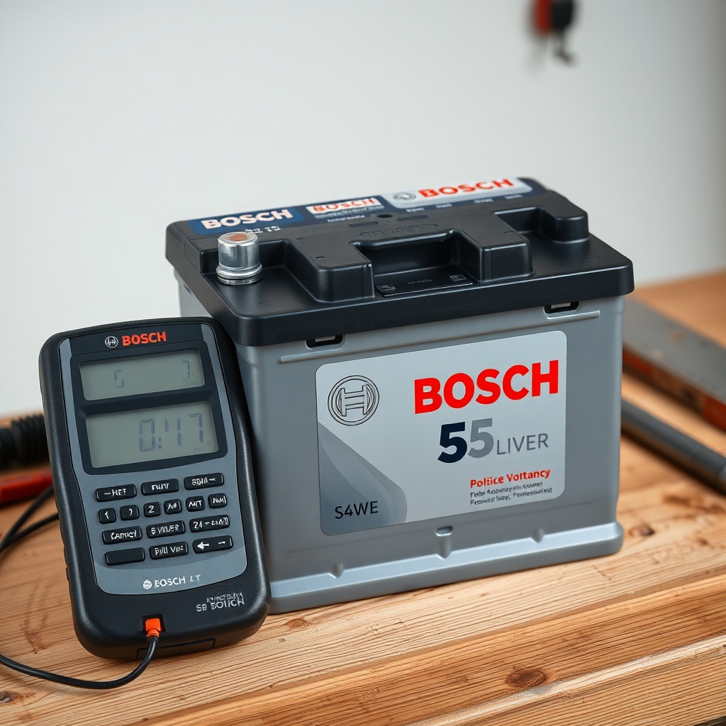A photorealistic close-up of a Bosch S5 Silver car battery on a wooden workbench