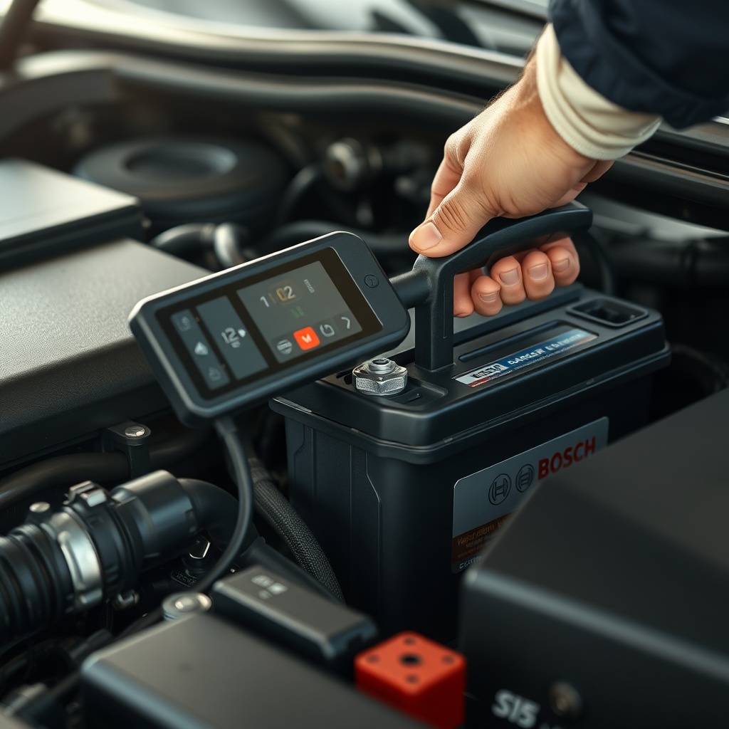 A photorealistic image of a mechanic’s hand connecting a smart charger to a Bosch S5 Silve