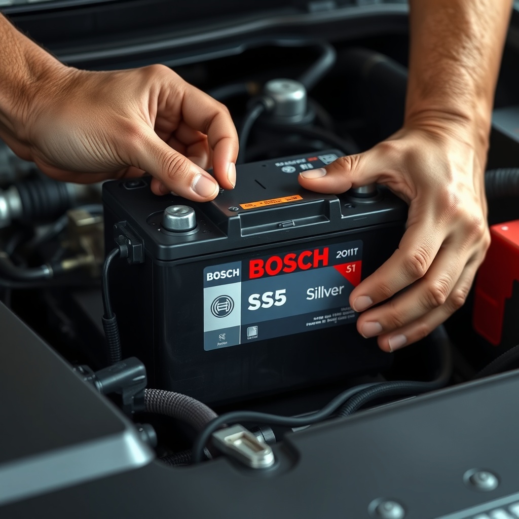 A photorealistic close-up of a mechanic's hands installing a Bosch S5 Silver battery in an