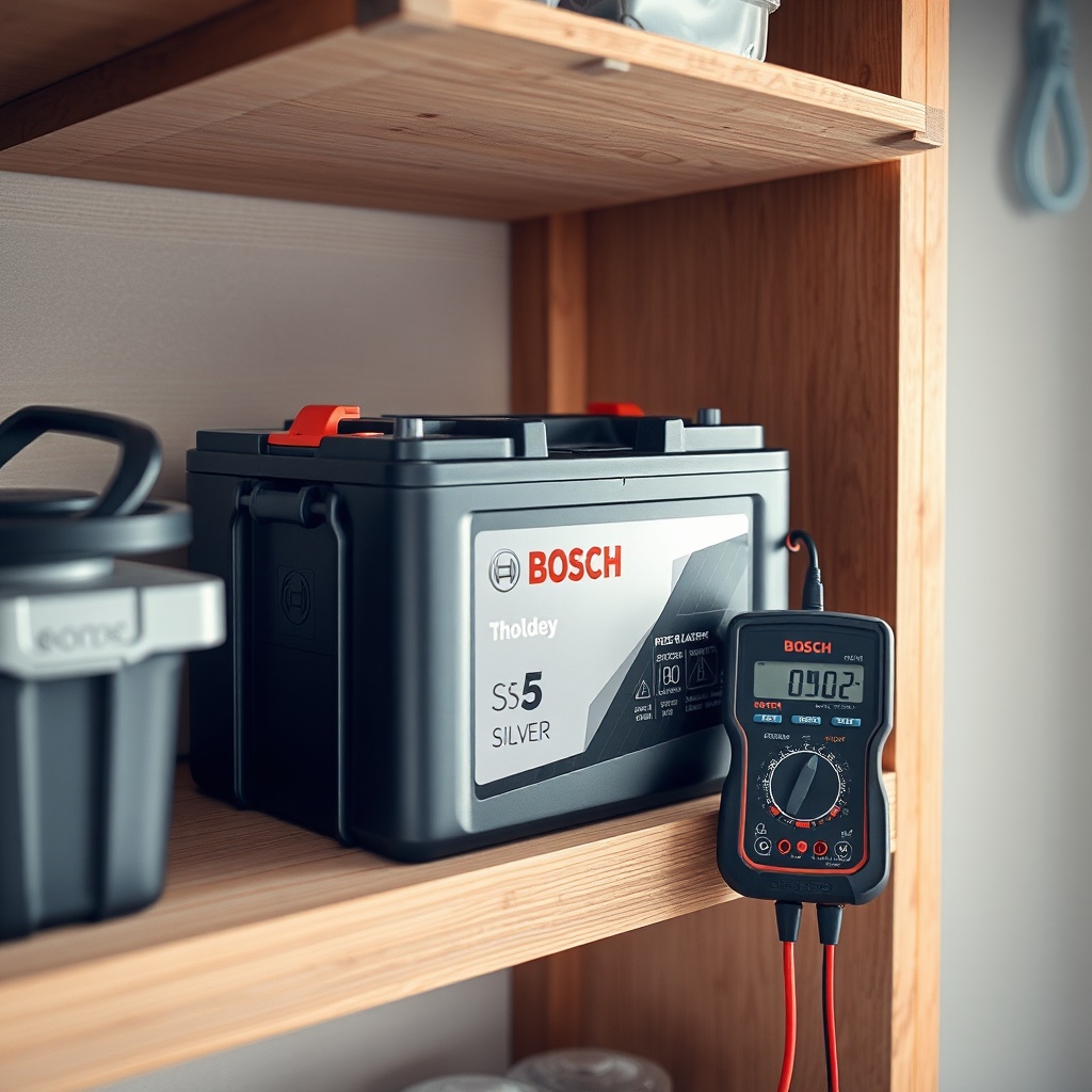 A photorealistic image of a Bosch S5 Silver battery stored on a wooden shelf in a clean ga