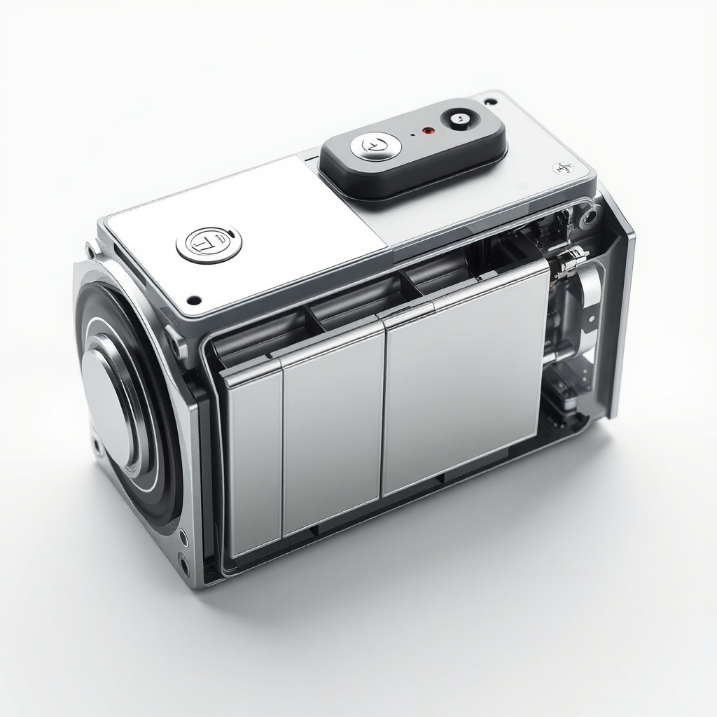 Clean photorealistic photo of a Bosch S5 Silver battery cutaway showing silver-calcium pla