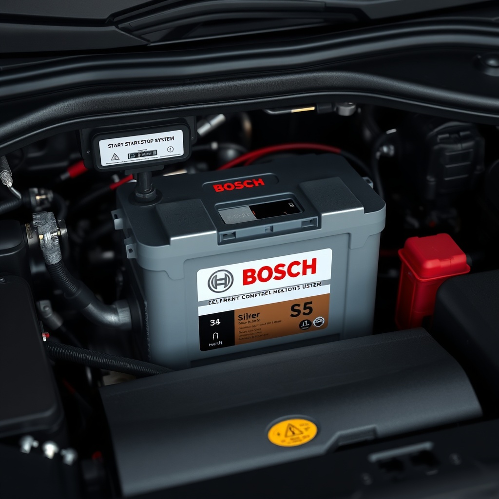 Clean photorealistic photo of a Bosch S5 Silver battery installed in an engine bay