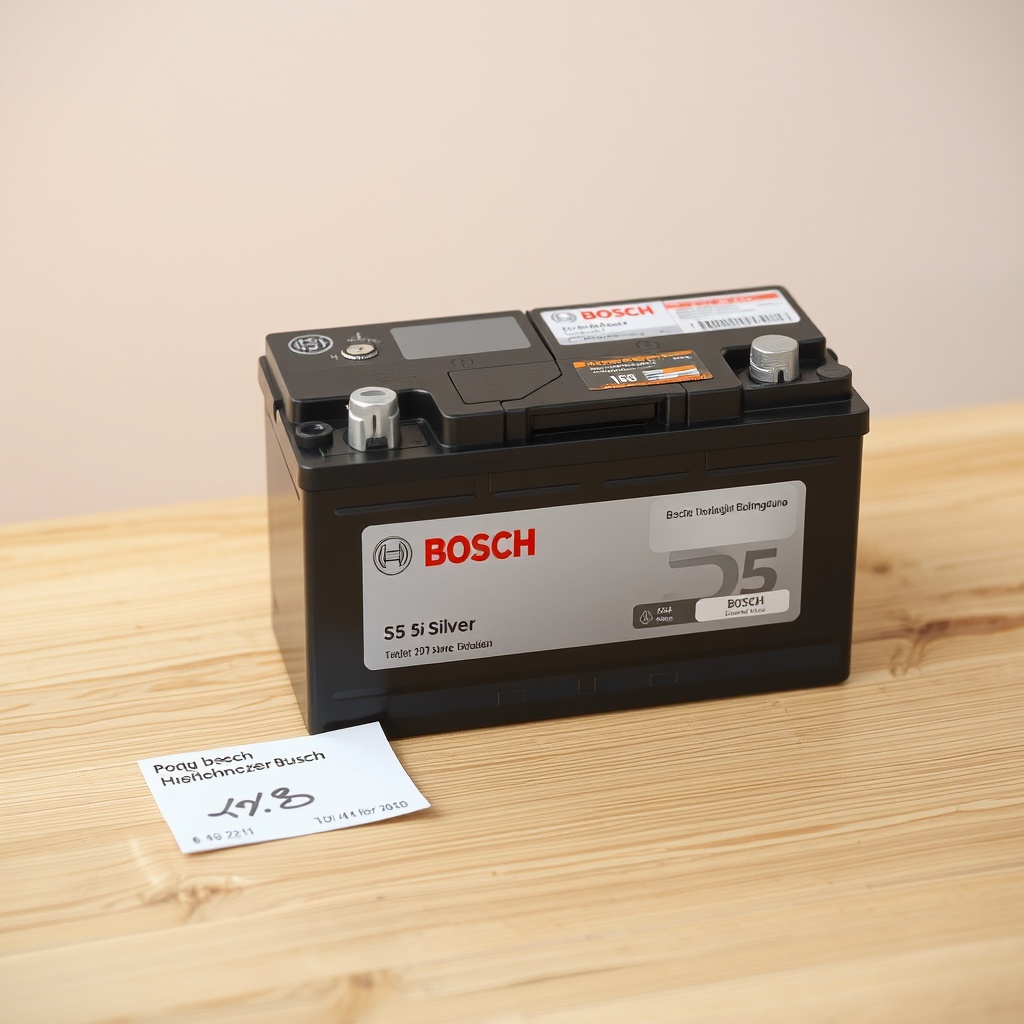A Bosch S5 Silver battery placed on a clean wooden table