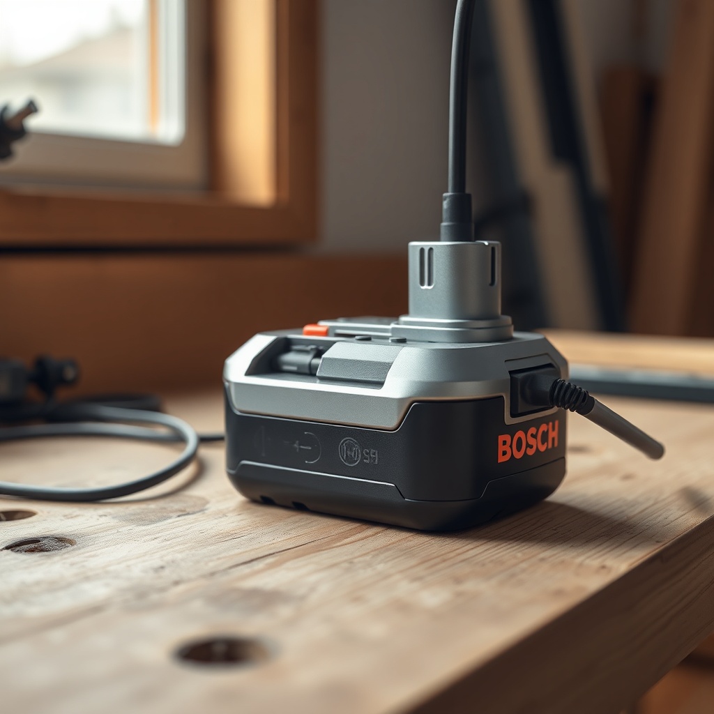 A photorealistic close-up of a Bosch S5 Silver battery placed on a wooden workbench