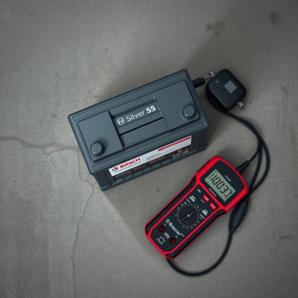 A photorealistic overhead view of a Bosch S5 Silver battery with diagnostic tools (multime