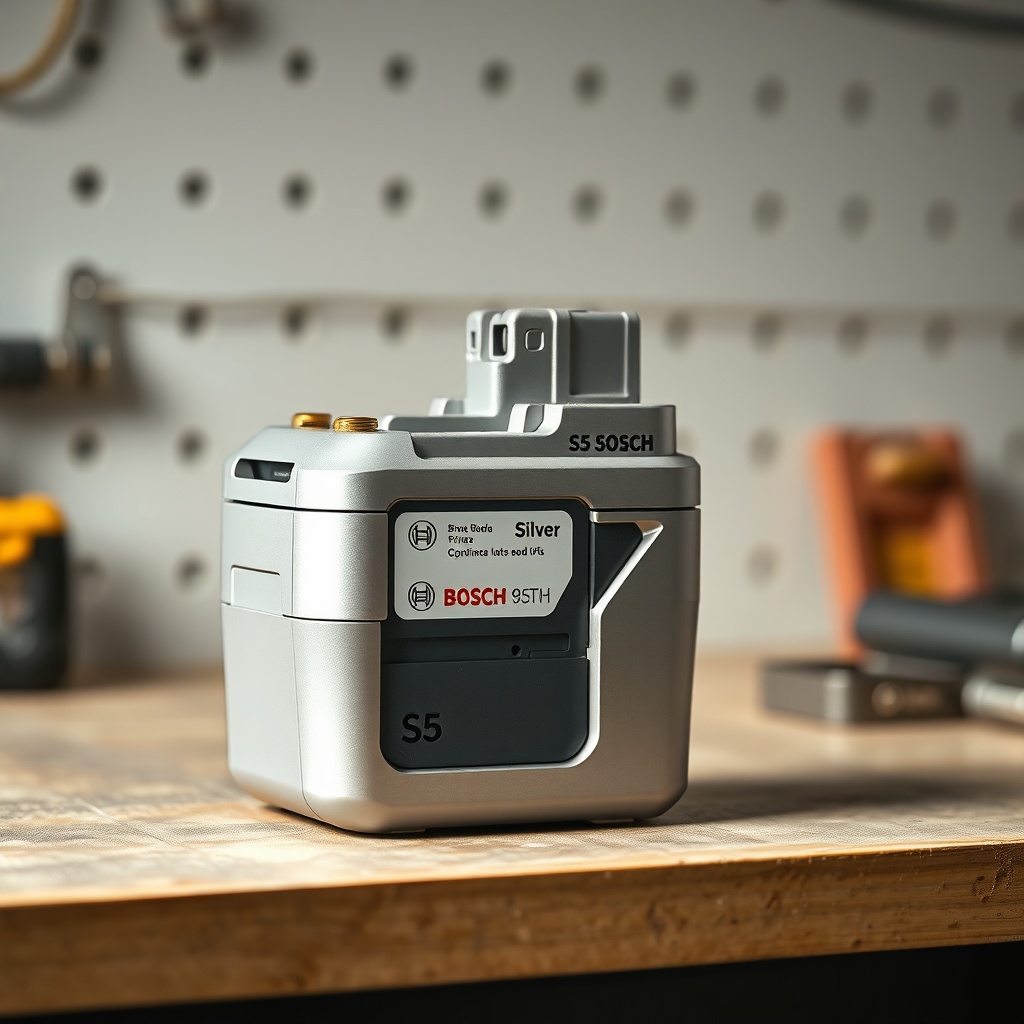 A clean photorealistic photo of a Bosch S5 Silver battery sitting on a workbench