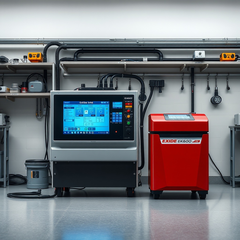 <clean photorealistic photo of Exide EK600 akü bir test cihazına bağlı