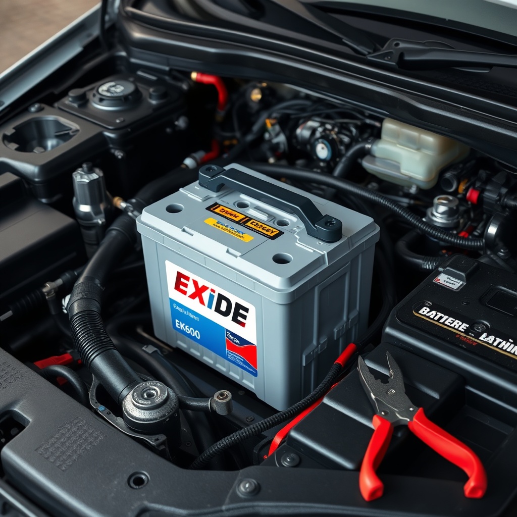 A clean photorealistic photo of a car engine bay with an Exide EK600 battery installed