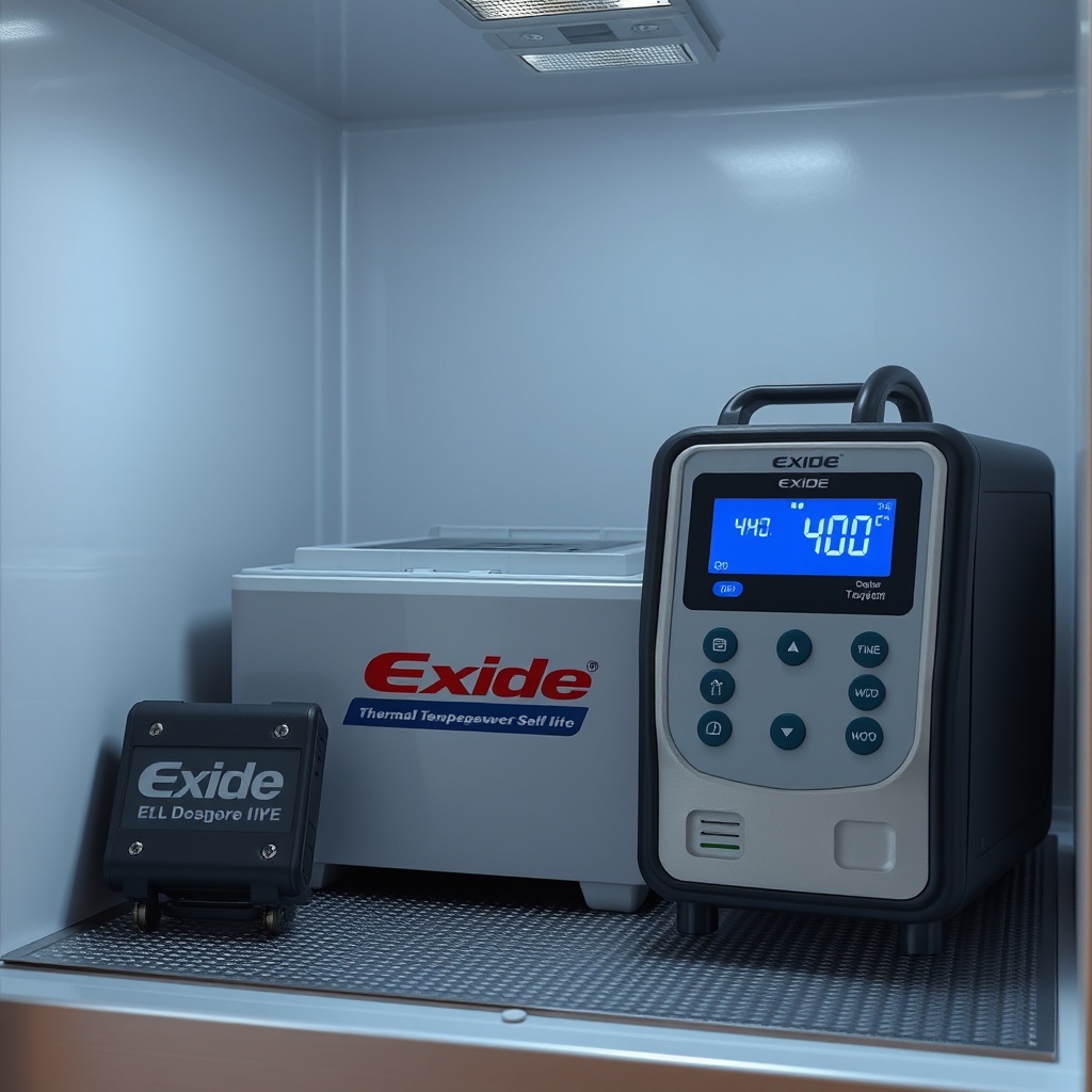 A clean photorealistic photo showing an Exide EK600 inside a thermal chamber at 40°C