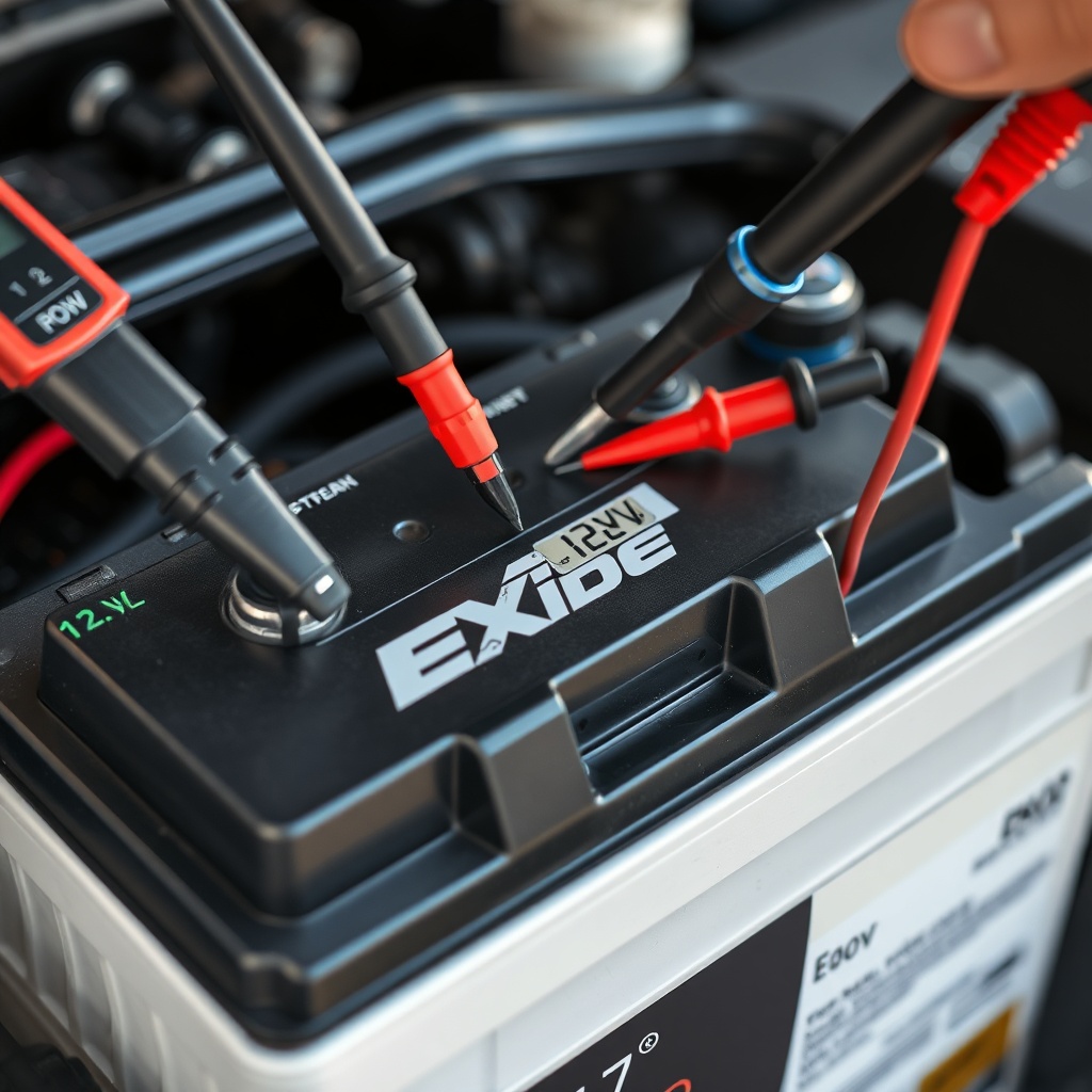 Close-up of Exide EK600 battery terminals with multimeter probes