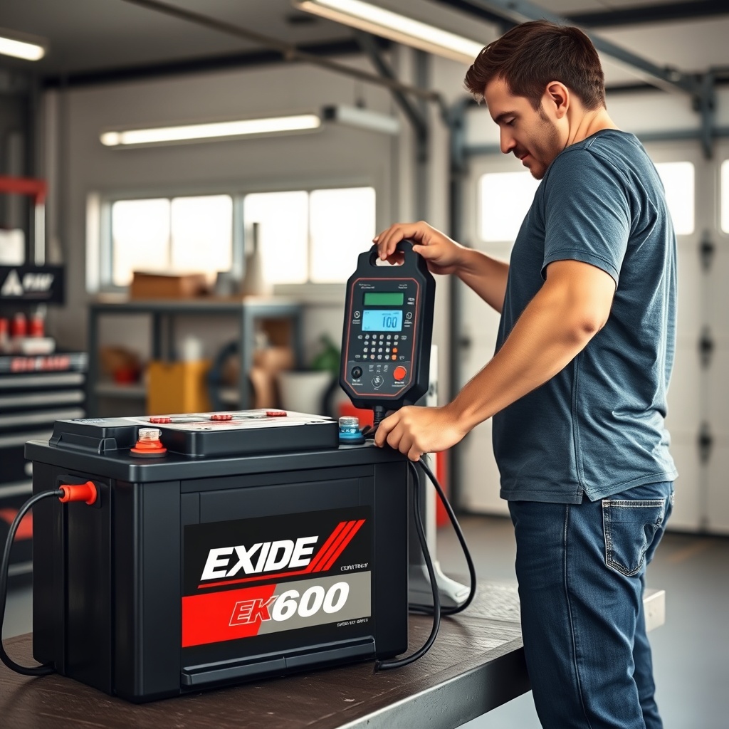A man plugging a smart charger to Exide EK600 battery