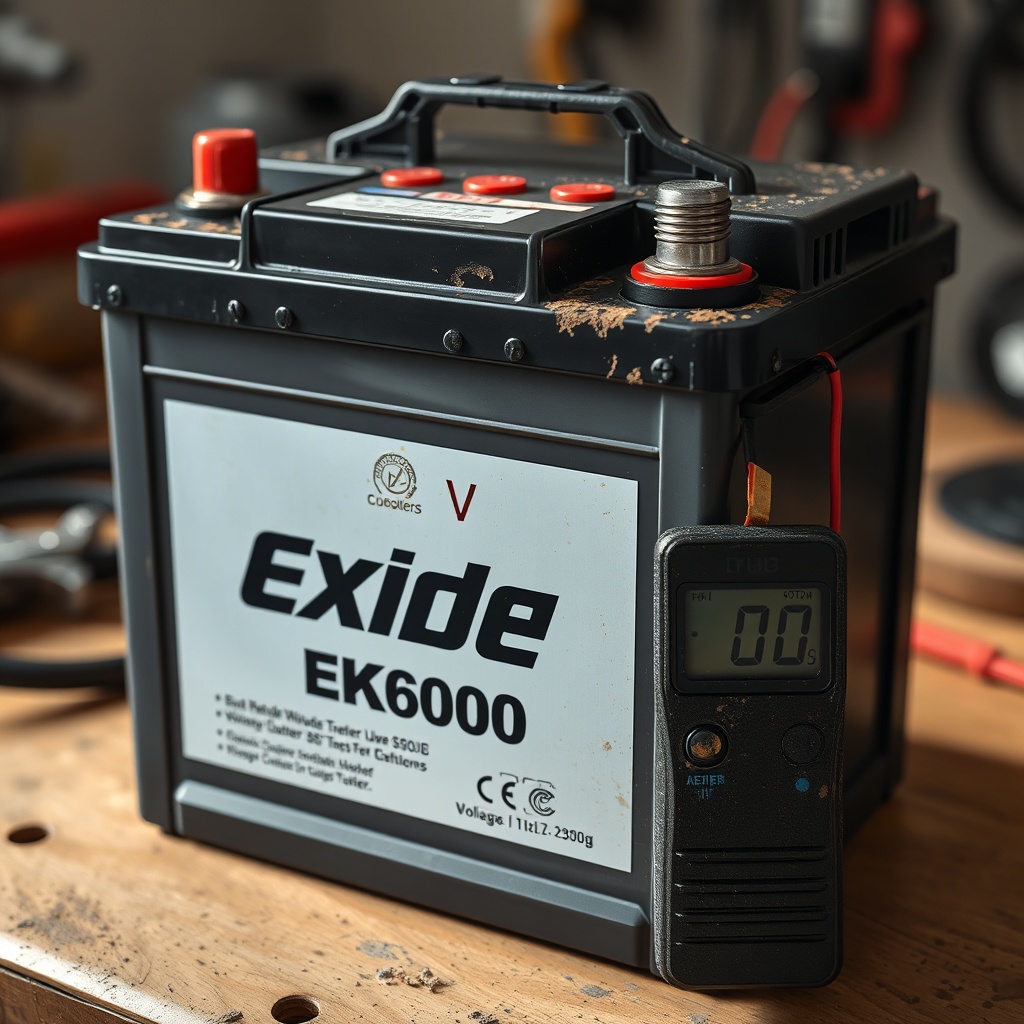 A photorealistic close-up of an Exide EK600 battery with corroded terminals
