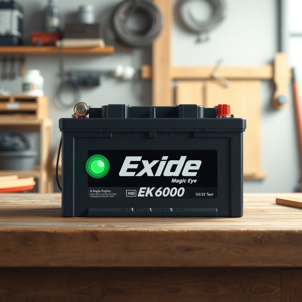 A photorealistic illustration of an Exide EK600 battery with the Magic Eye indicator clear