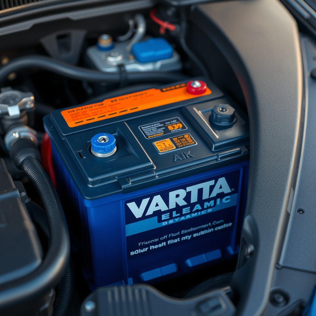 A close-up photorealistic photo of a Varta Blue Dynamic E39 car battery installed in an en