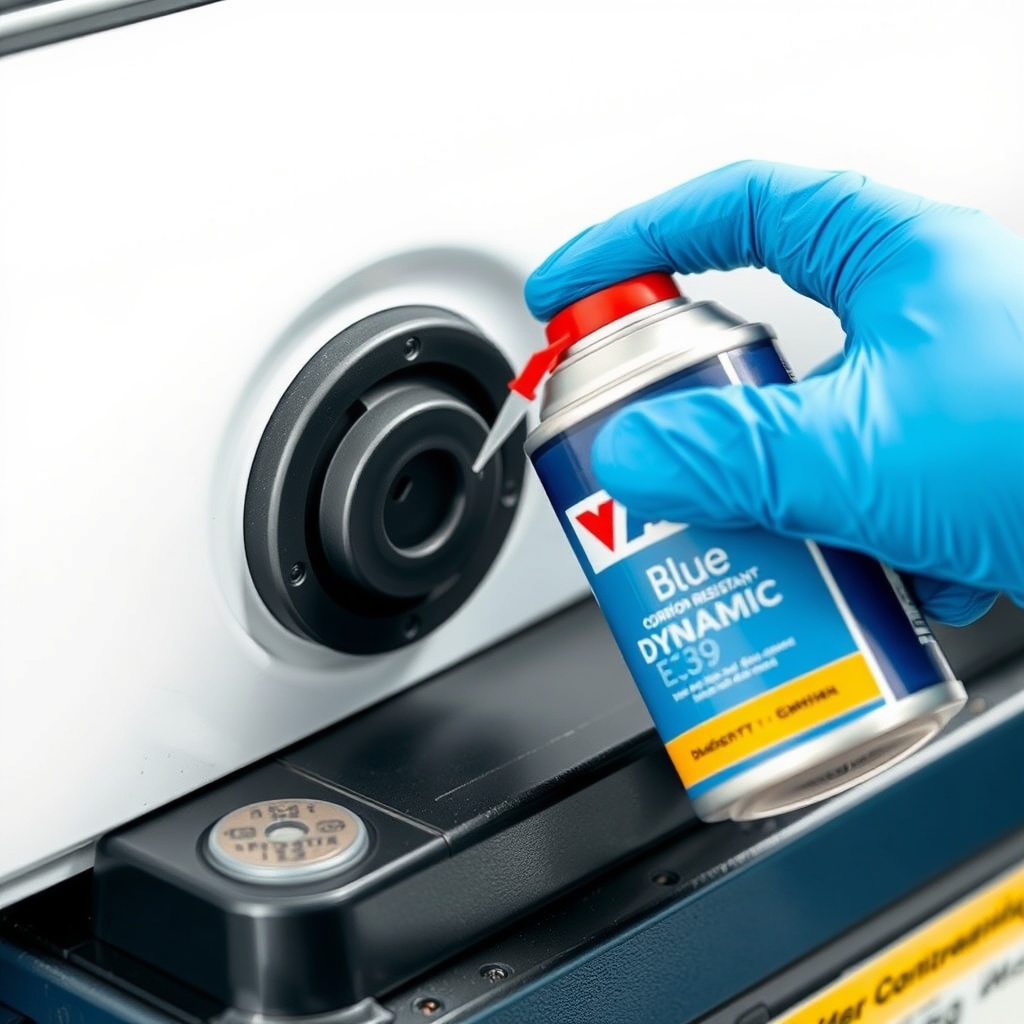 A photorealistic photo showing a hand in a blue glove applying a corrosion-resistant spray