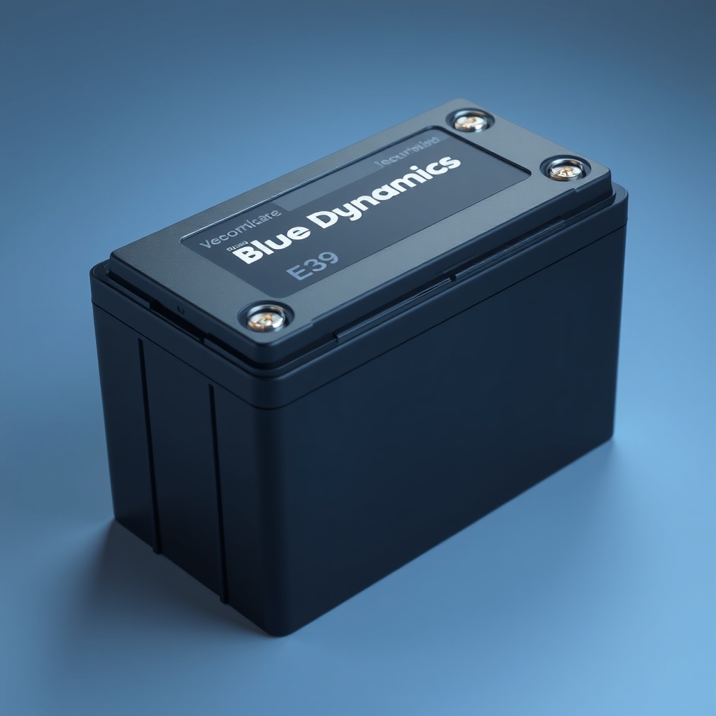 A photorealistic close-up shot of Varta Blue Dynamic E39 battery showing the textured blac