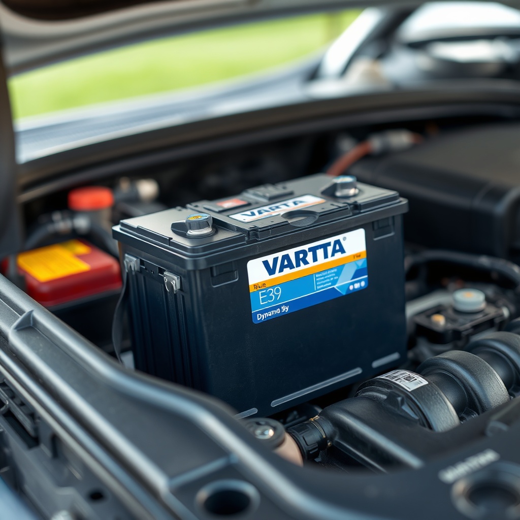 <photorealistic photo of a Varta Blue Dynamic E39 car battery being installed in a car eng