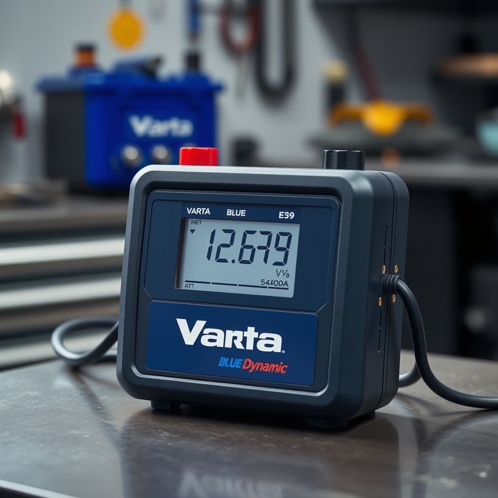 <photorealistic photo of a car battery tester showing Varta Blue Dynamic E39 with 12