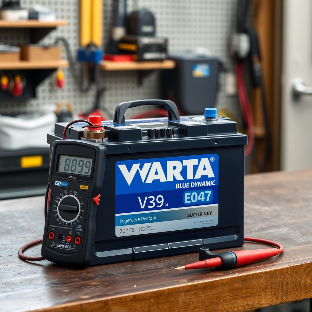 A clean photorealistic photo showing a Varta Blue Dynamic E39 battery placed on a workshop