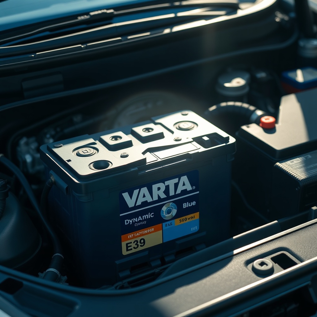 A clean photorealistic photo of a Varta Blue Dynamic E39 battery in a car's engine bay