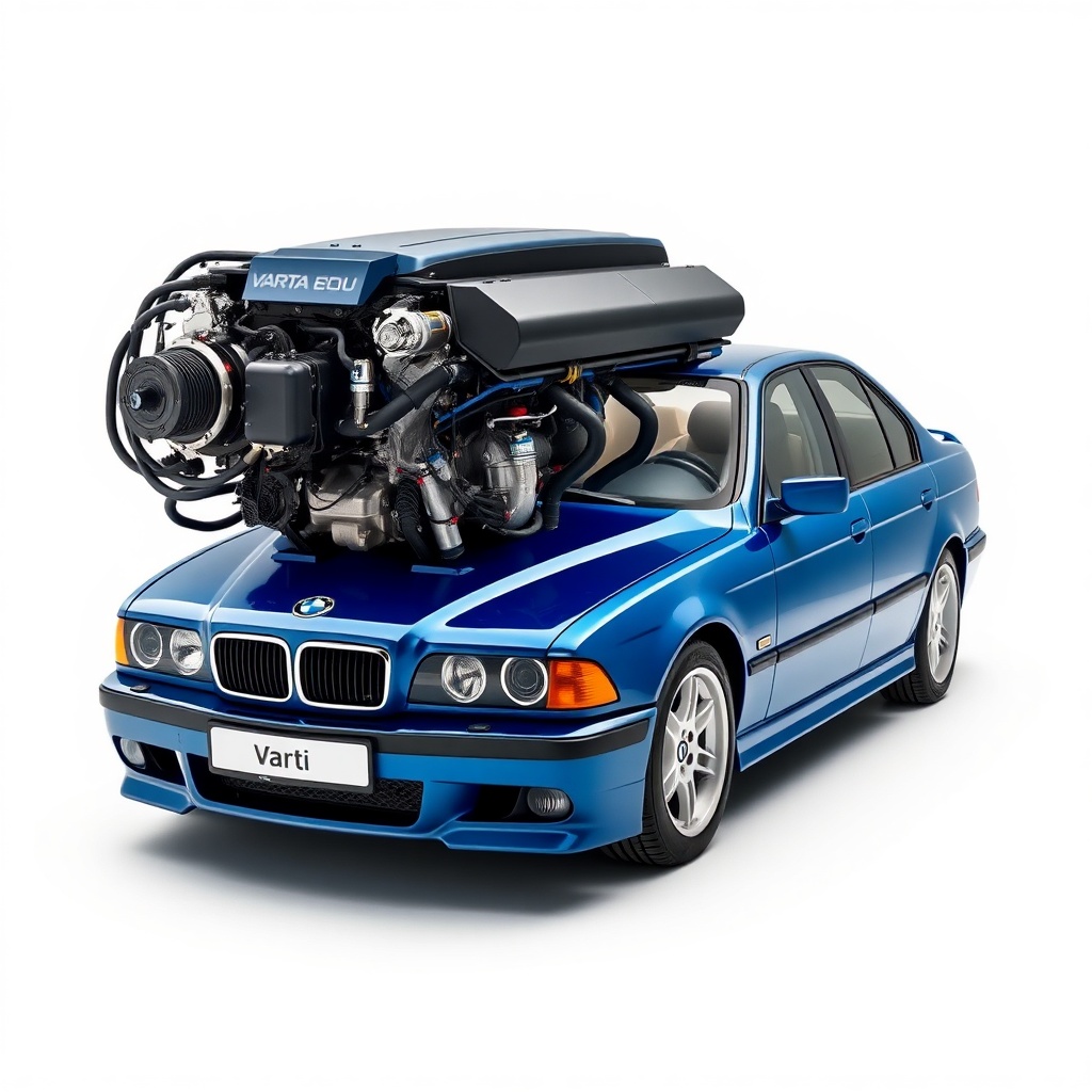 <Varta Blue Dynamic E39 aküsünün bir araç motor bölmesine monte edilmiş gerçekçi görüntüsü