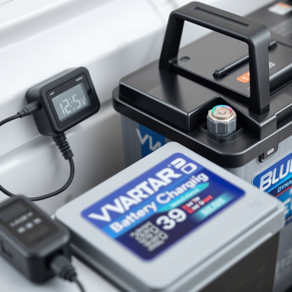 A close-up photorealistic photo of a Varta Blue Dynamic E39 car battery connected to a dig