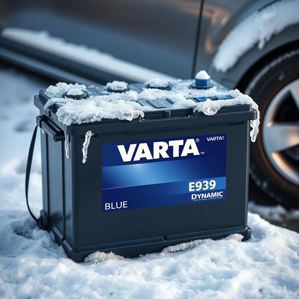 A photorealistic photo of a Varta Blue Dynamic E39 battery covered with ice on the termina