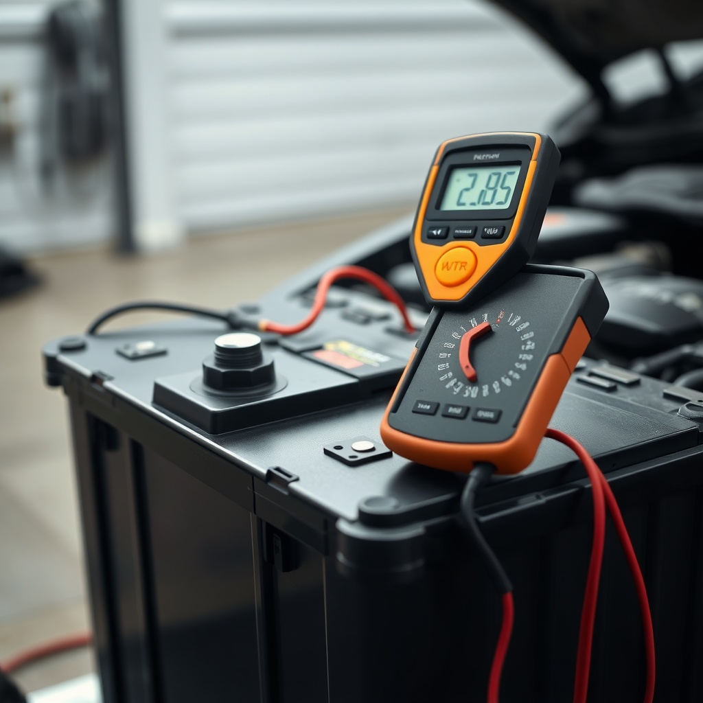 <A photo of a car battery with a multimeter attached to its terminals
