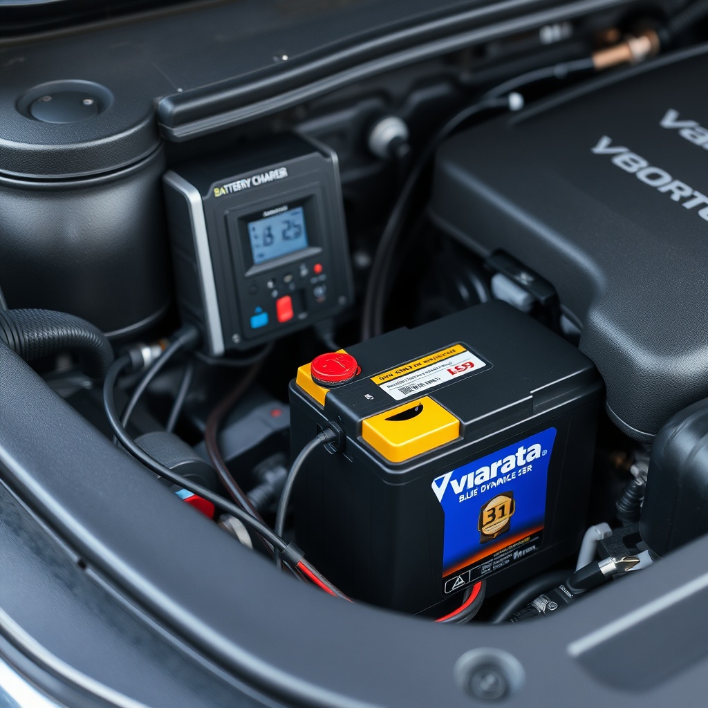 <A close-up photo of a modern smart battery charger connected to a Varta Blue Dynamic E39