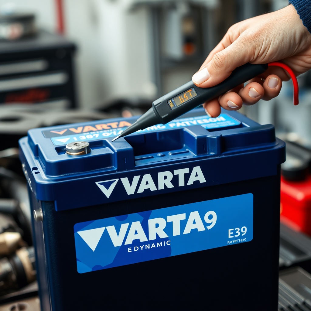 Close-up of a Varta Blue Dynamic E39 battery with a technician's hand holding a multimeter