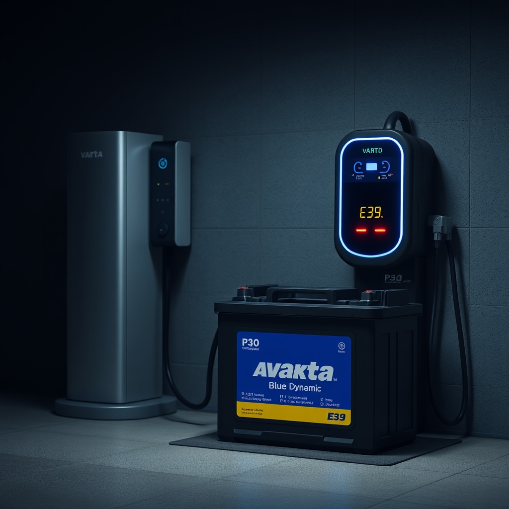 A Varta Blue Dynamic E39 battery connected to a modern smart charger in a dimly lit garage